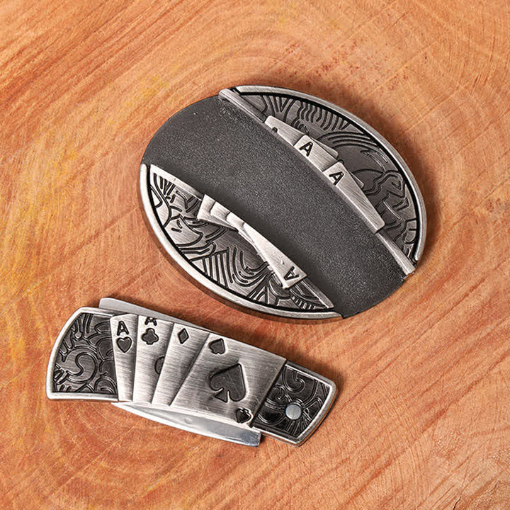 Men's DIY Poker 4 Ace Hidden Folding Knife Leather Belt - image 3