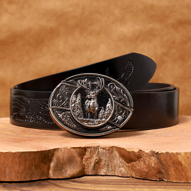 Men's DIY Forest Deer Hidden Folding Knife Leather Belt - Deer - Black Embossed Eagle Belt - 42 - image 7