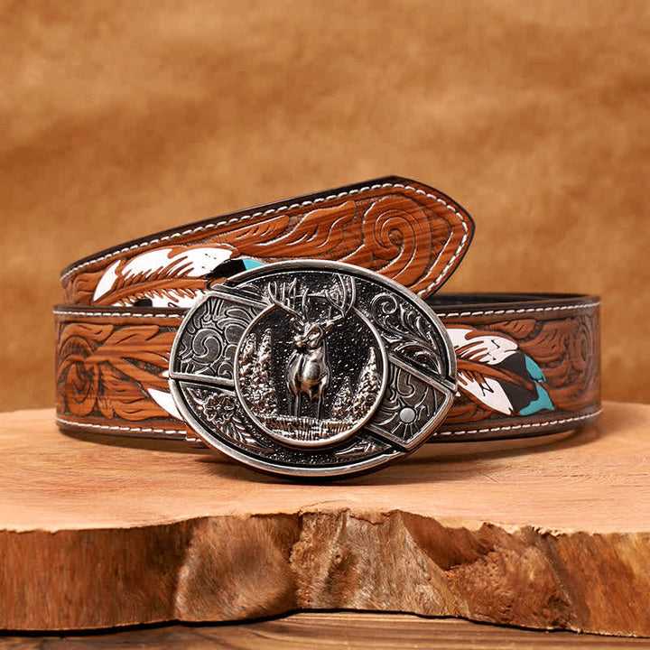 Men's DIY Forest Deer Hidden Folding Knife Leather Belt - Deer - Brown Feather Belt - 40 - image 11