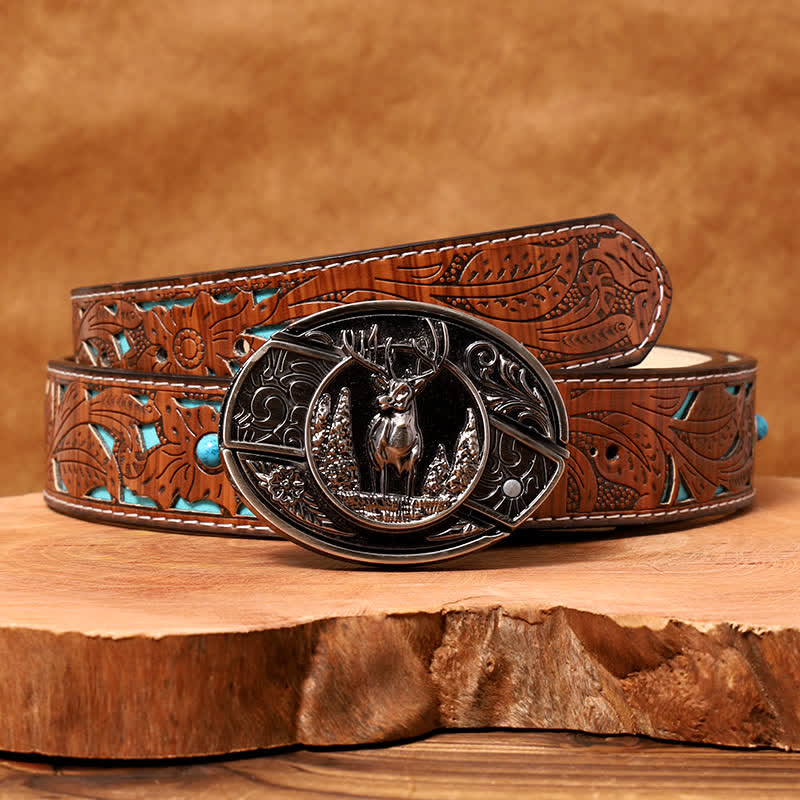 Men's DIY Forest Deer Hidden Folding Knife Leather Belt - Deer - Turquoise Carved Belt - 42 - image 6