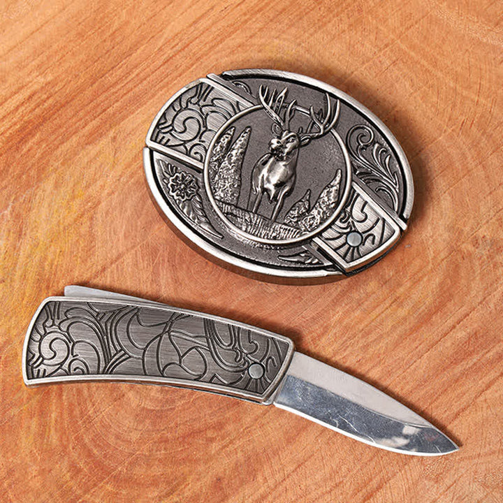 Men's DIY Forest Deer Hidden Folding Knife Leather Belt - image 1