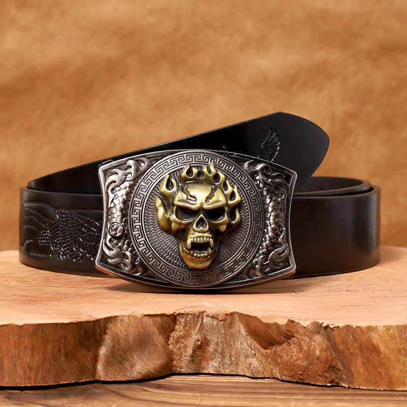 Men's DIY Flame Skull Hidden Folding Knife Leather Belt - Flame Skull - Black Embossed Eagle Belt - 42 - image 7