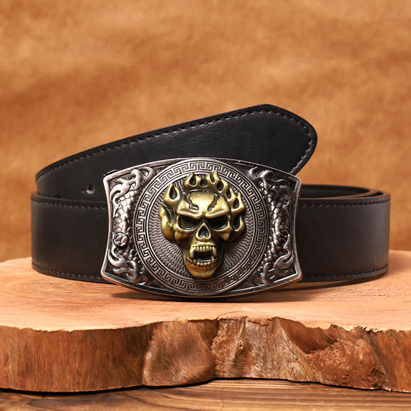 Men's DIY Flame Skull Hidden Folding Knife Leather Belt - Flame Skull - Black PU Belt - 42 - image 5