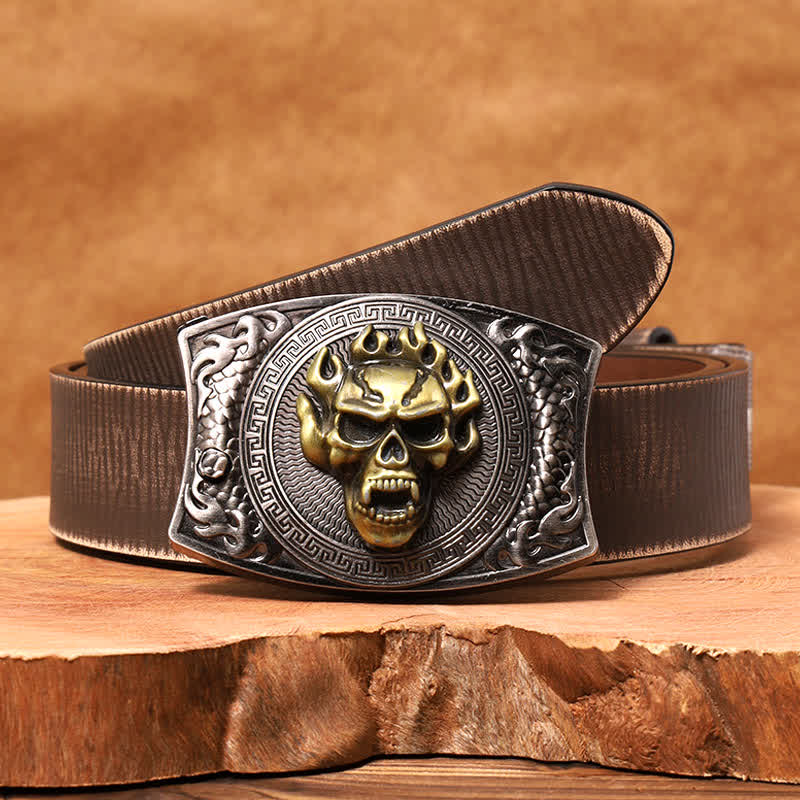 Men's DIY Flame Skull Hidden Folding Knife Leather Belt - Flame Skull - Brown Distressed Belt - 42 - image 9