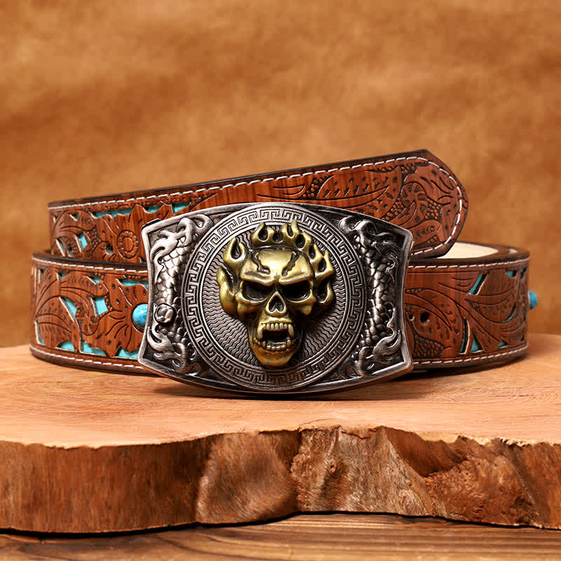 Men's DIY Flame Skull Hidden Folding Knife Leather Belt - Flame Skull - Turquoise Carved Belt - 42 - image 6