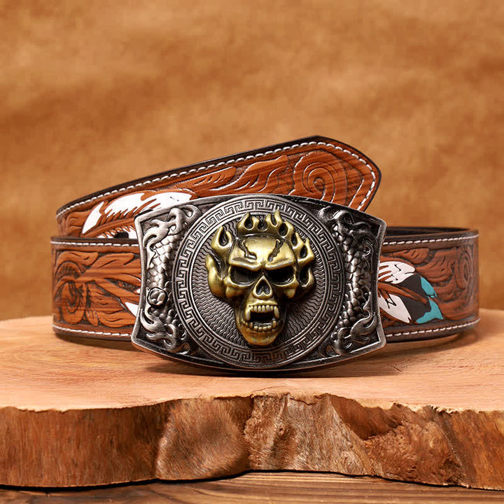 Men's DIY Flame Skull Hidden Folding Knife Leather Belt - Flame Skull - Brown Feather Belt - 40 - image 10