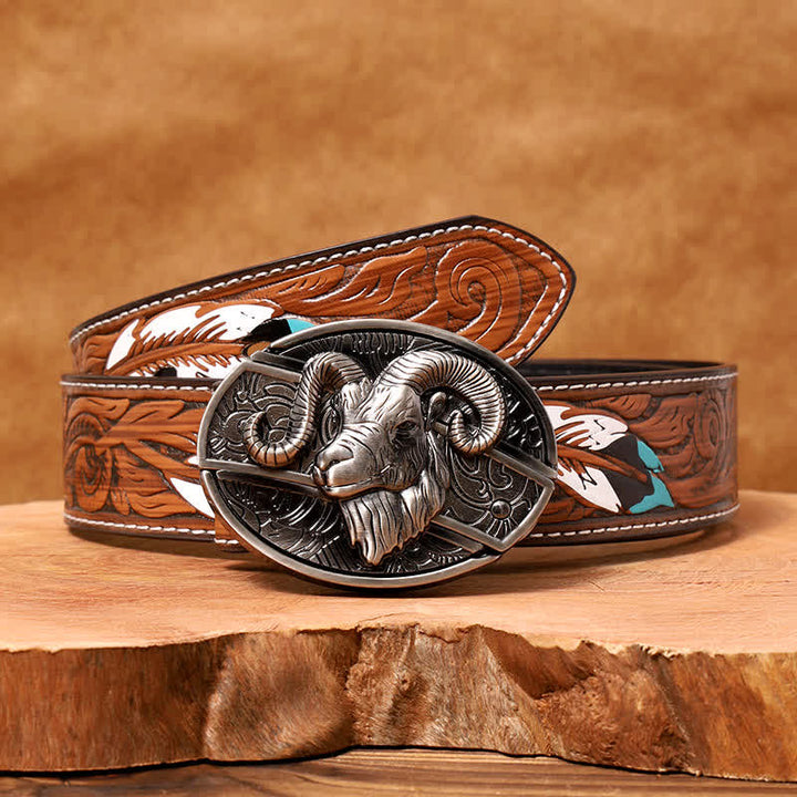 Men's DIY Goat Hidden Folding Knife Leather Belt - Goat - Brown Feather Belt - 40 - image 9
