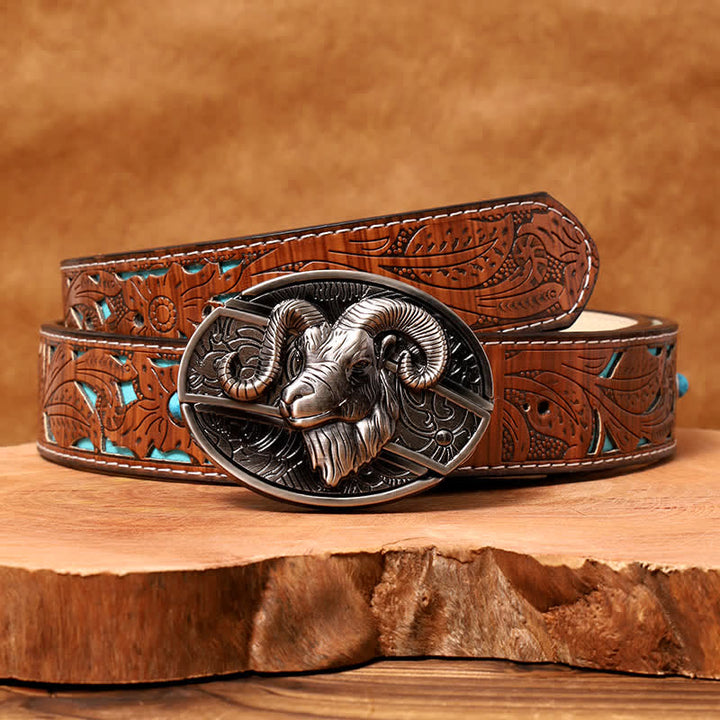 Men's DIY Goat Hidden Folding Knife Leather Belt - Goat - Turquoise Carved Belt - 42 - image 5