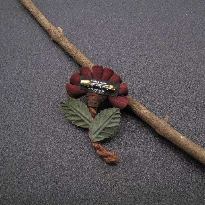 Wedding Burgundy Crinkled Flower Original Design Cloth Brooch