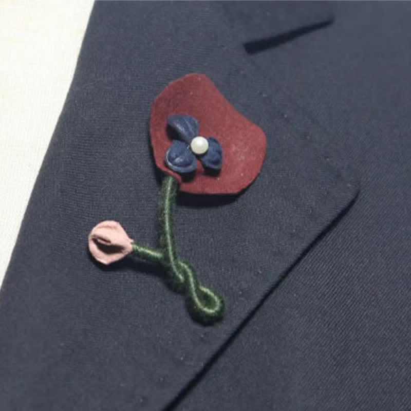 Burgundy & Blue Wedding Original Design Flower Cloth Brooch - image 1