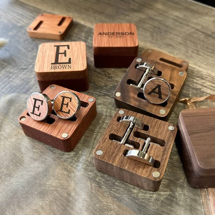 1 Pair Classic Custom Name Wooden Cufflinks with Box