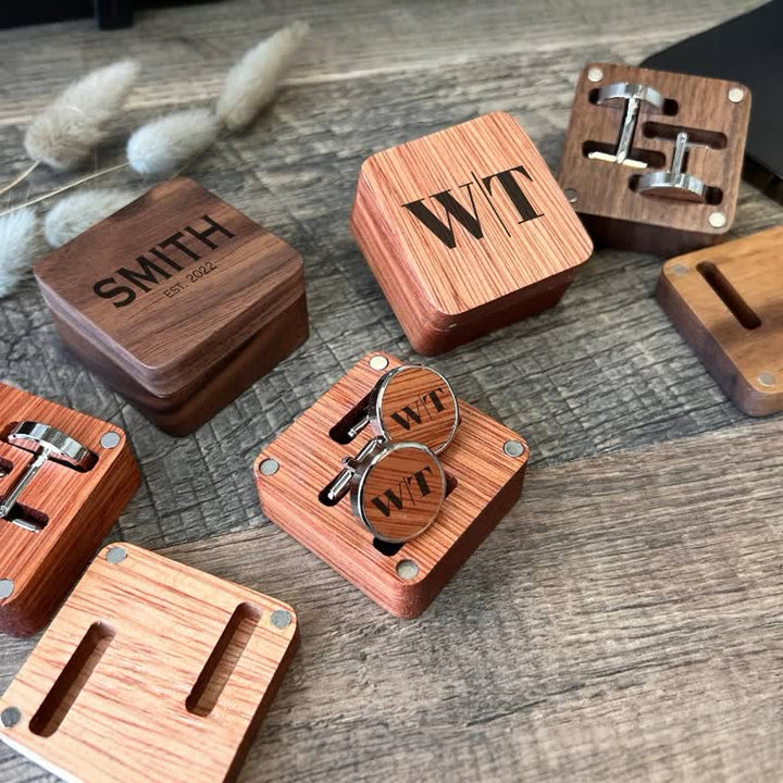 1 Pair Classic Custom Name Wooden Cufflinks with Box