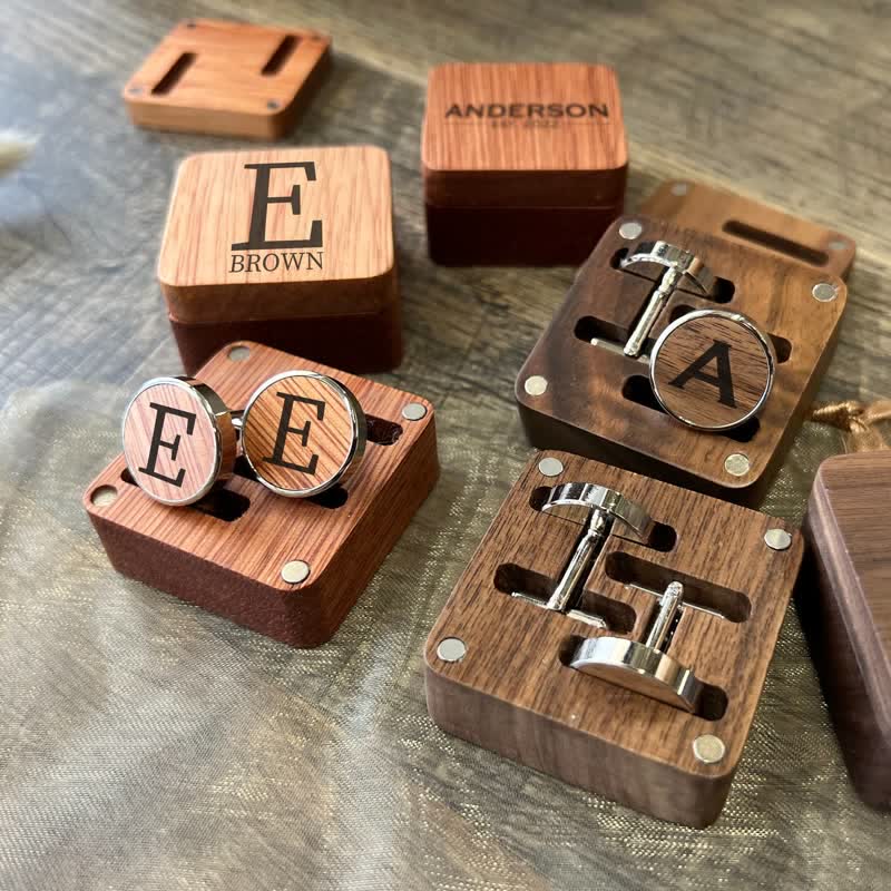 1 Pair Classic Custom Name Wooden Cufflinks with Box