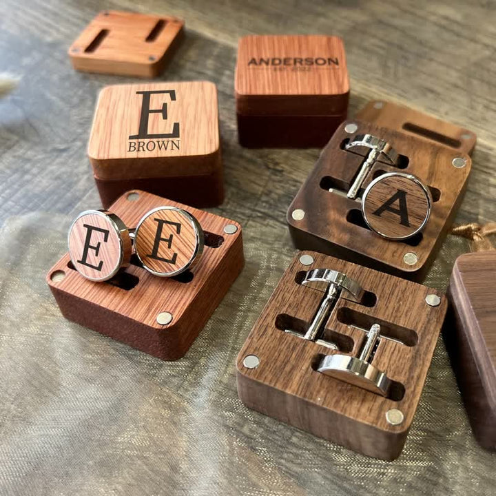 1 Pair Classic Custom Name Wooden Cufflinks with Box