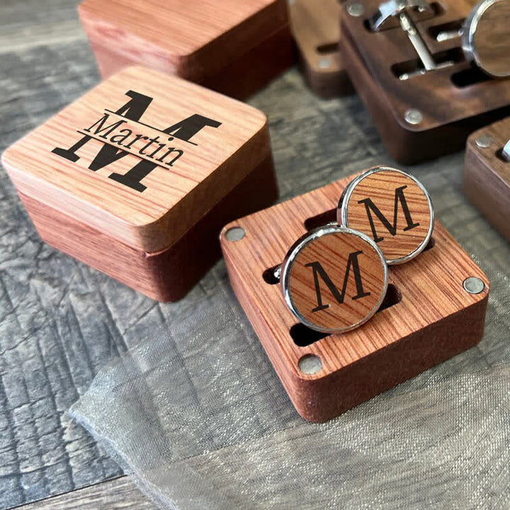 1 Pair Classic Custom Name Wooden Cufflinks with Box