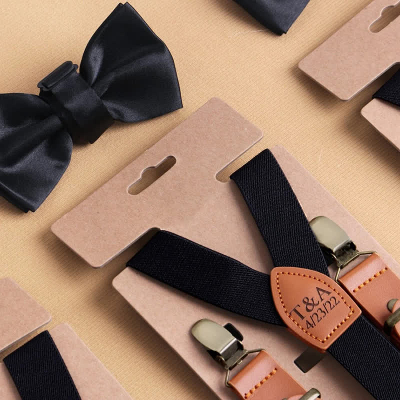 Custom Monogram 2Pcs Bow Tie 3-Clips Adjustable Suspenders Set