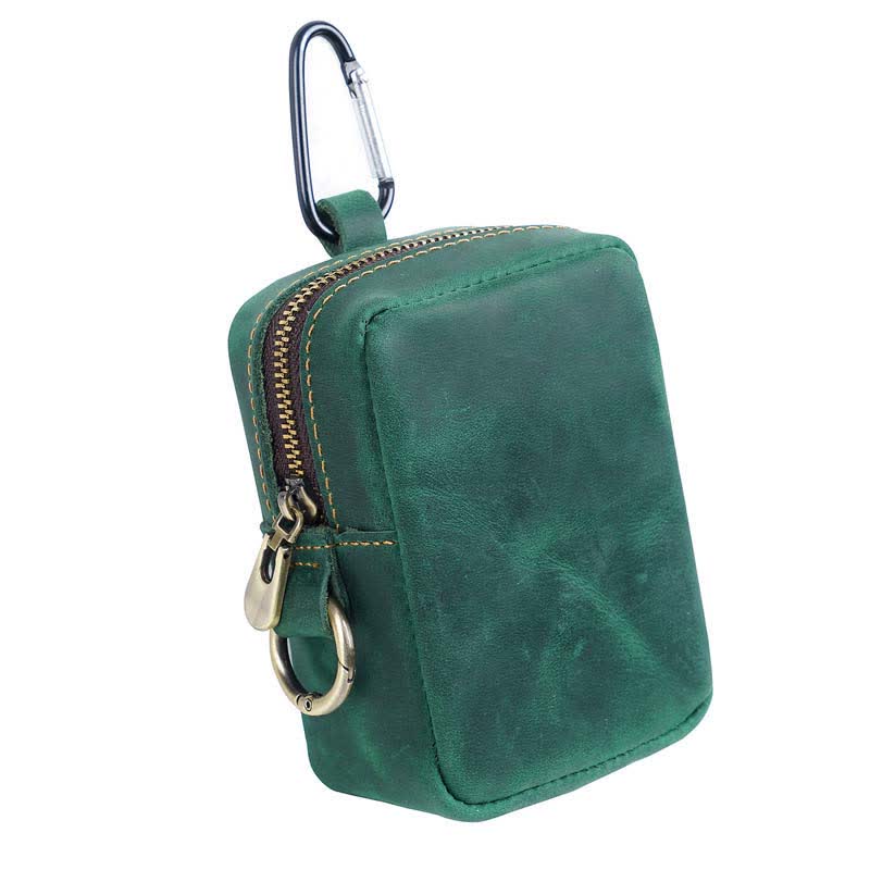 Cube Outdoor Zipper Coin Genuine Leather Mini Belt Bag - Green - image 11