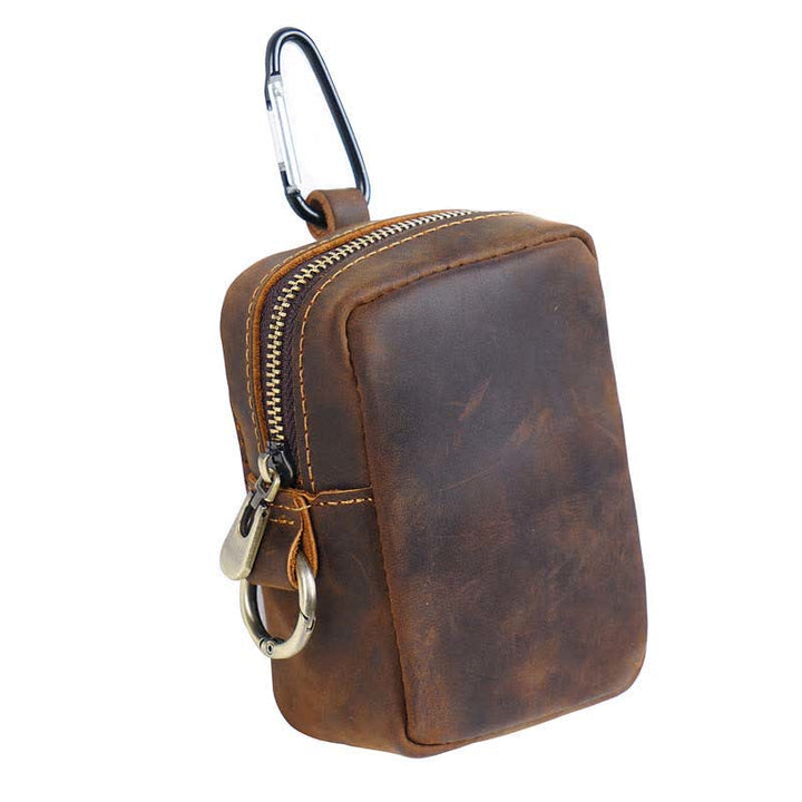 Cube Outdoor Zipper Coin Genuine Leather Mini Belt Bag - Coffee - image 10