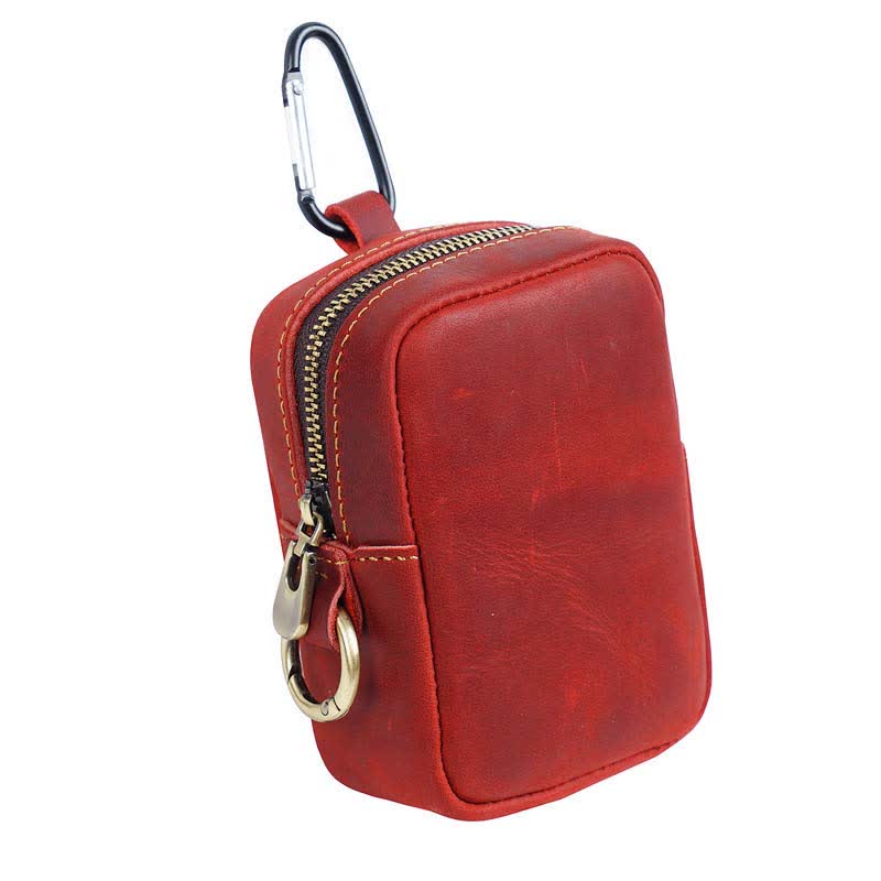Cube Outdoor Zipper Coin Genuine Leather Mini Belt Bag - Red - image 12