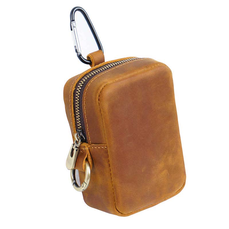 Cube Outdoor Zipper Coin Genuine Leather Mini Belt Bag - Brown - image 3