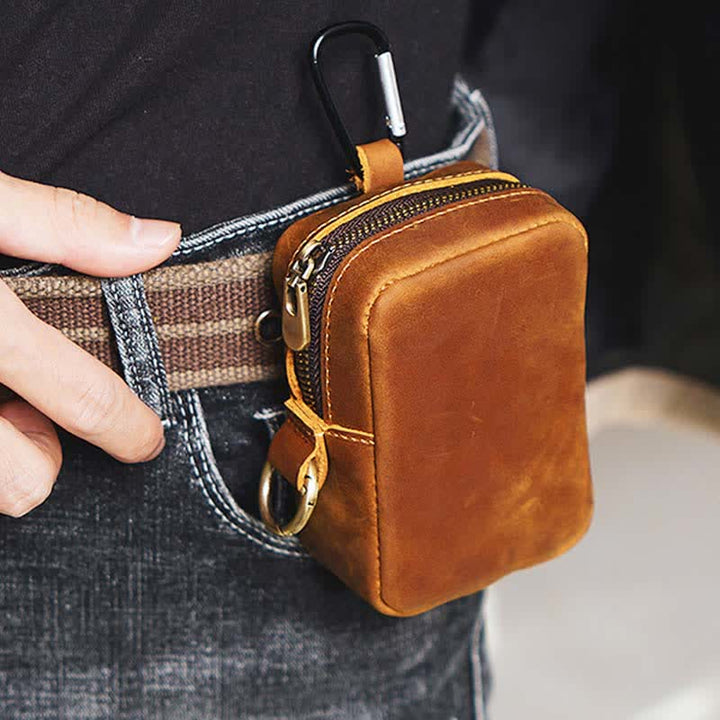 Cube Outdoor Zipper Coin Genuine Leather Mini Belt Bag
