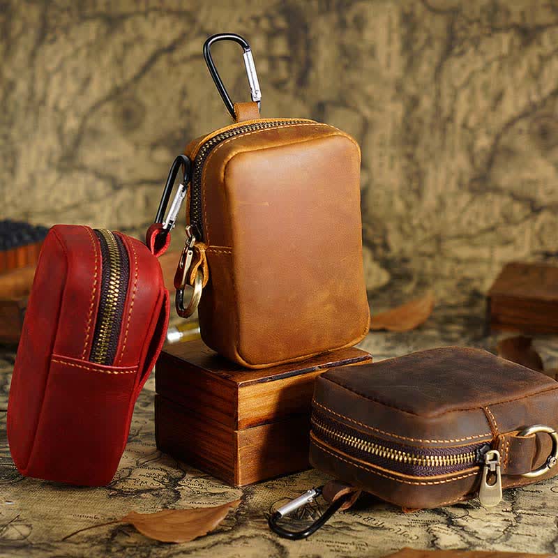 Cube Outdoor Zipper Coin Genuine Leather Mini Belt Bag