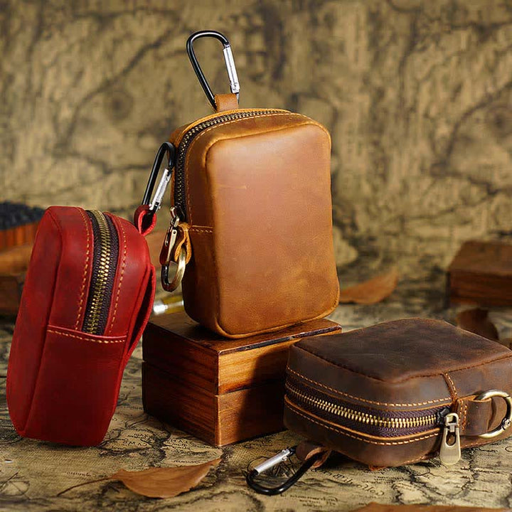 Cube Outdoor Zipper Coin Genuine Leather Mini Belt Bag