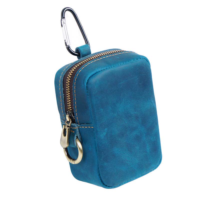 Cube Outdoor Zipper Coin Genuine Leather Mini Belt Bag - Blue - image 2