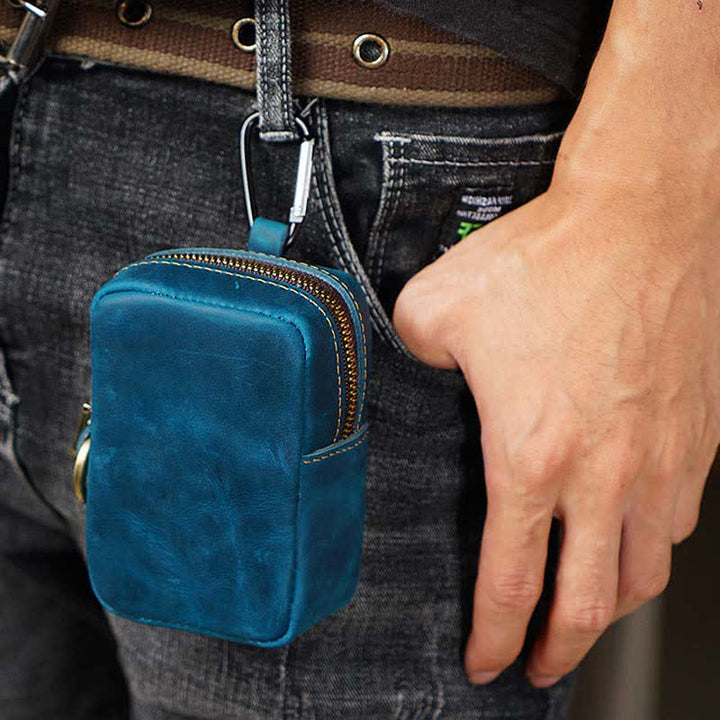 Cube Outdoor Zipper Coin Genuine Leather Mini Belt Bag