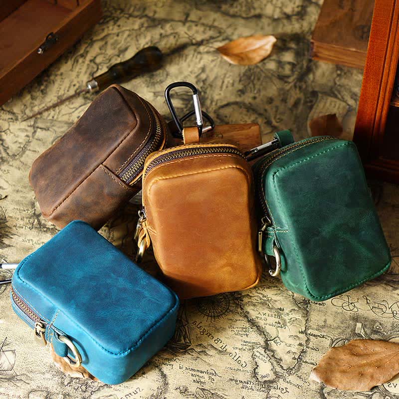 Cube Outdoor Zipper Coin Genuine Leather Mini Belt Bag