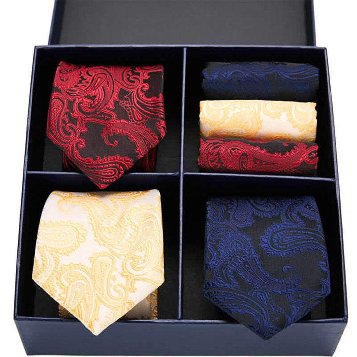 6Pcs Men's Paisley Necktie Pocket Square Set Four-Grid Gift Box - Red & Yellow & Navy - image 2