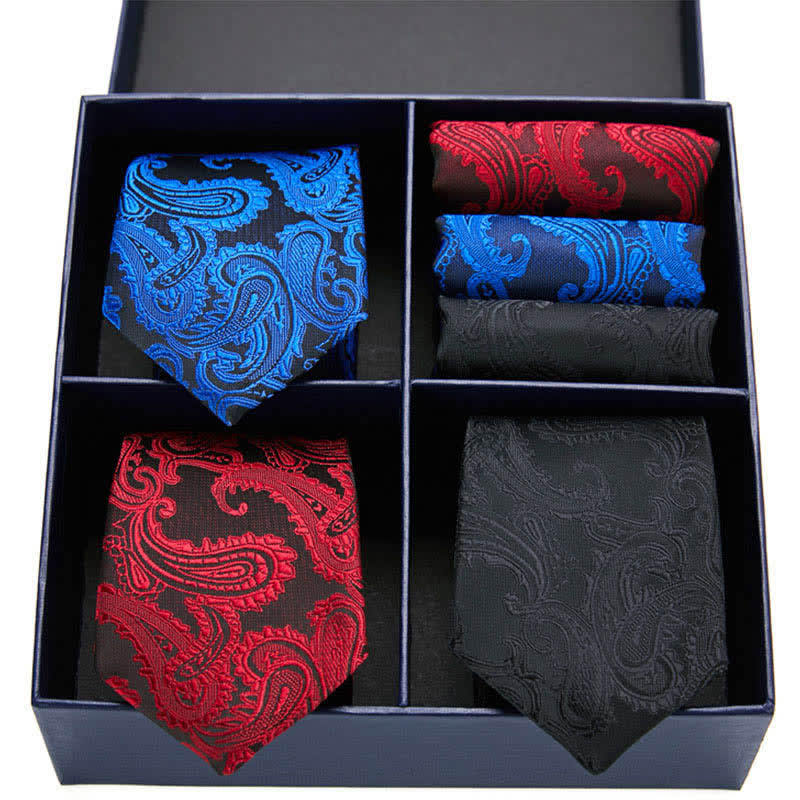 6Pcs Men's Paisley Necktie Pocket Square Set Four-Grid Gift Box - Blue & Red & Black - image 0
