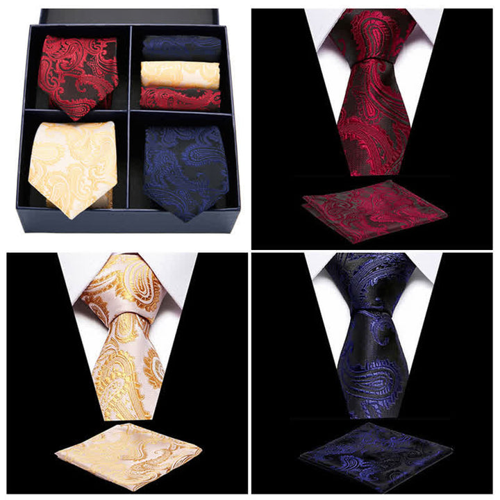 6Pcs Men's Paisley Necktie Pocket Square Set Four-Grid Gift Box