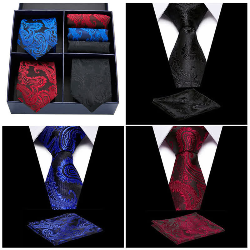 6Pcs Men's Paisley Necktie Pocket Square Set Four-Grid Gift Box