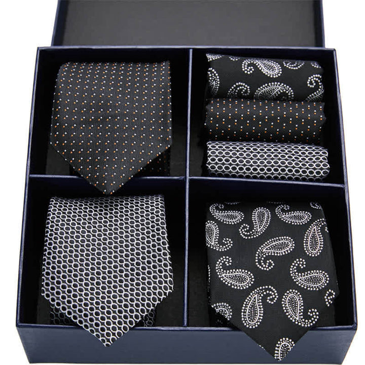 6Pcs Men's Black & White Paisley Dotty Necktie Pocket Square Set Gift Box