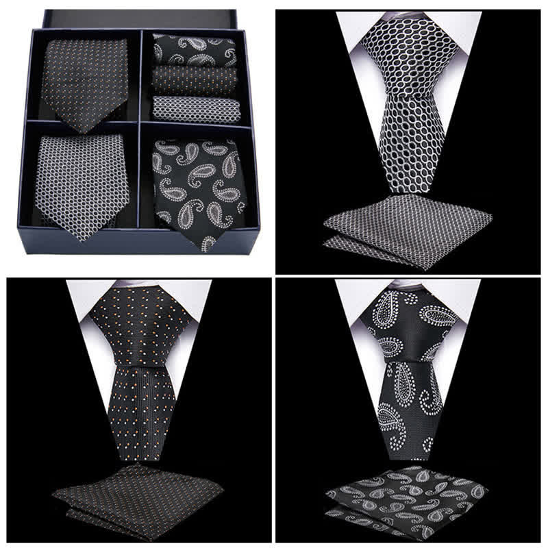 6Pcs Men's Black & White Paisley Dotty Necktie Pocket Square Set Gift Box