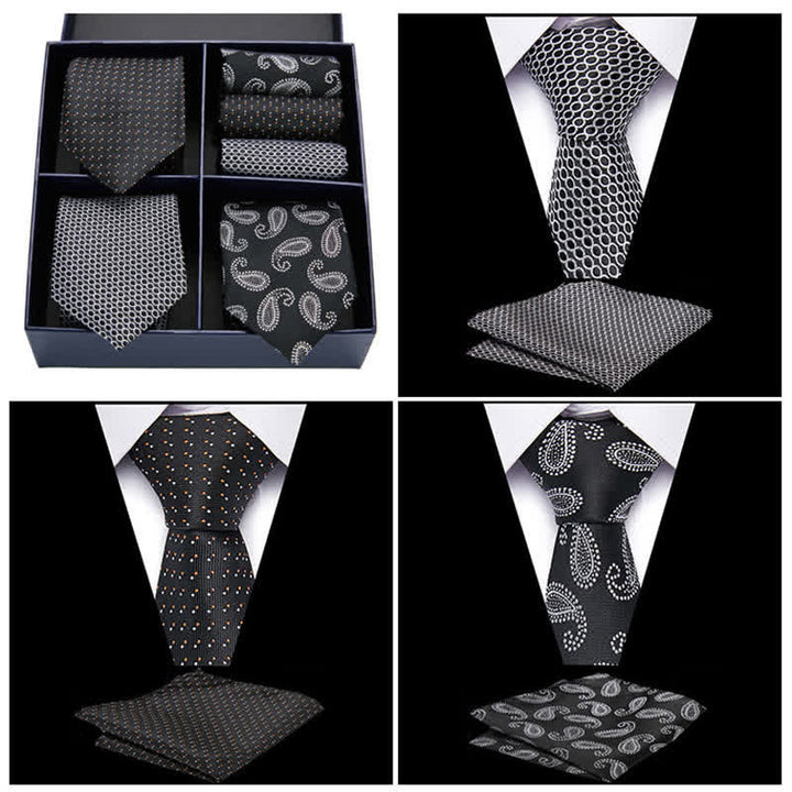 6Pcs Men's Black & White Paisley Dotty Necktie Pocket Square Set Gift Box