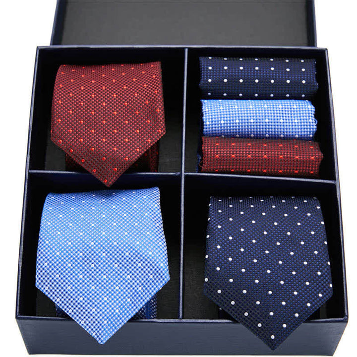 6Pcs Men's Burgundy & Blue Dotty Necktie Pocket Square Set Gift Box
