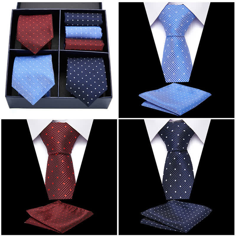 6Pcs Men's Burgundy & Blue Dotty Necktie Pocket Square Set Gift Box