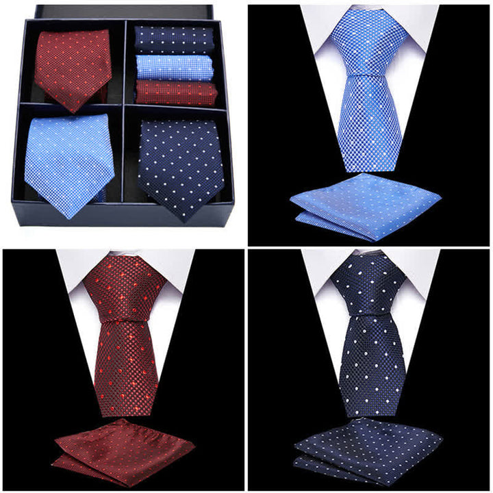 6Pcs Men's Burgundy & Blue Dotty Necktie Pocket Square Set Gift Box