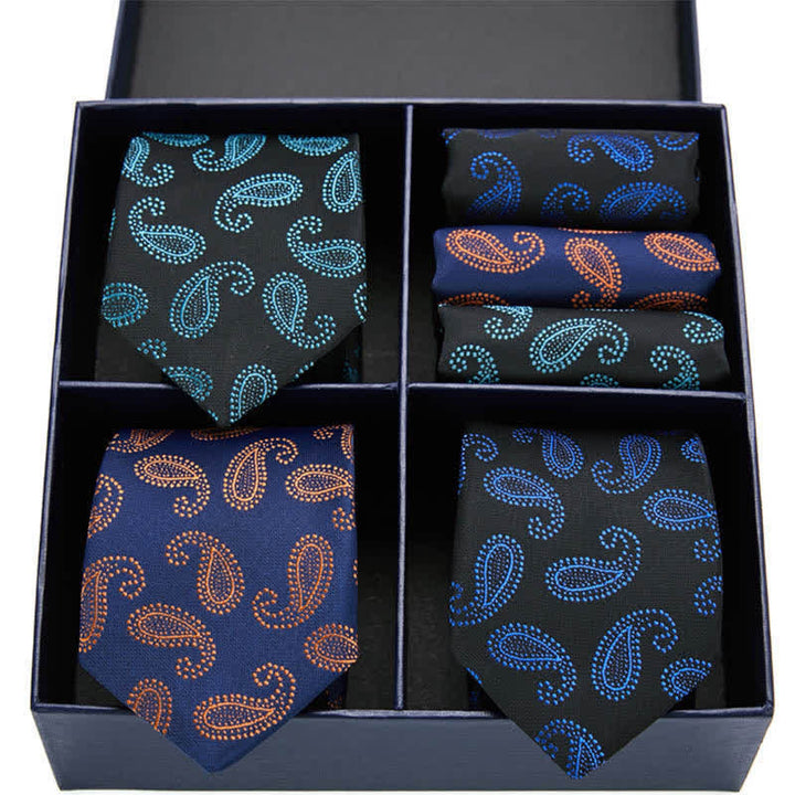6Pcs Men's Green & Navy Paisley Motifs Necktie Pocket Square Set Gift Box