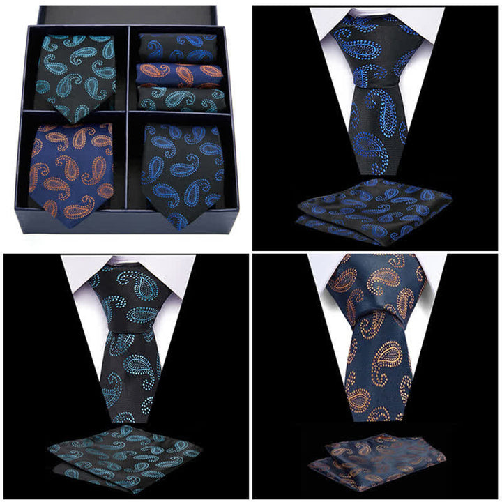 6Pcs Men's Green & Navy Paisley Motifs Necktie Pocket Square Set Gift Box