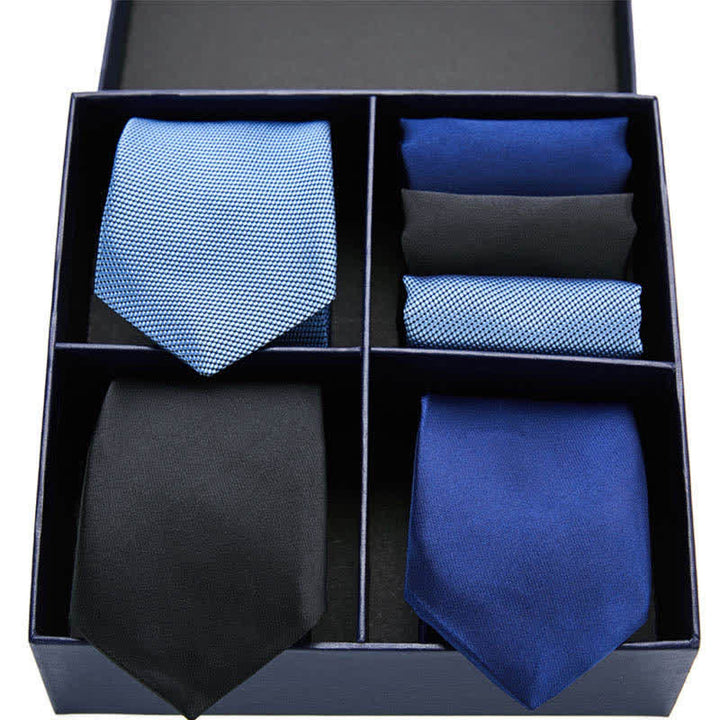 6Pcs Men's Blue & Black Solid Color Necktie Pocket Square Set Gift Box