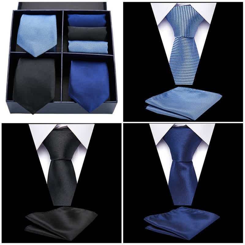 6Pcs Men's Blue & Black Solid Color Necktie Pocket Square Set Gift Box - image 1
