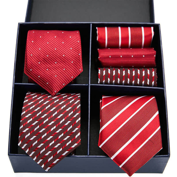 6Pcs Men's Red Dotty & Striped Necktie Pocket Square Set Gift Box
