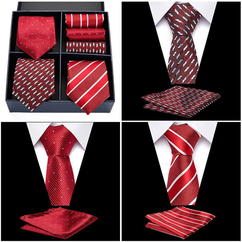 6Pcs Men's Red Dotty & Striped Necktie Pocket Square Set Gift Box