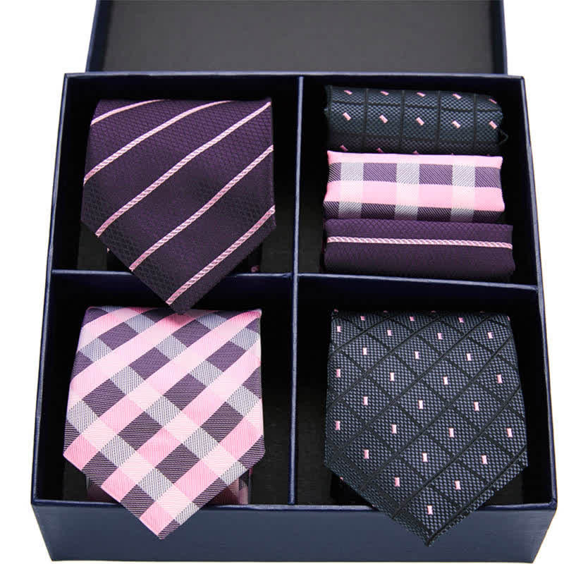 6Pcs Men's Pink & Black Dotty Striped Necktie Pocket Square Set Gift Box