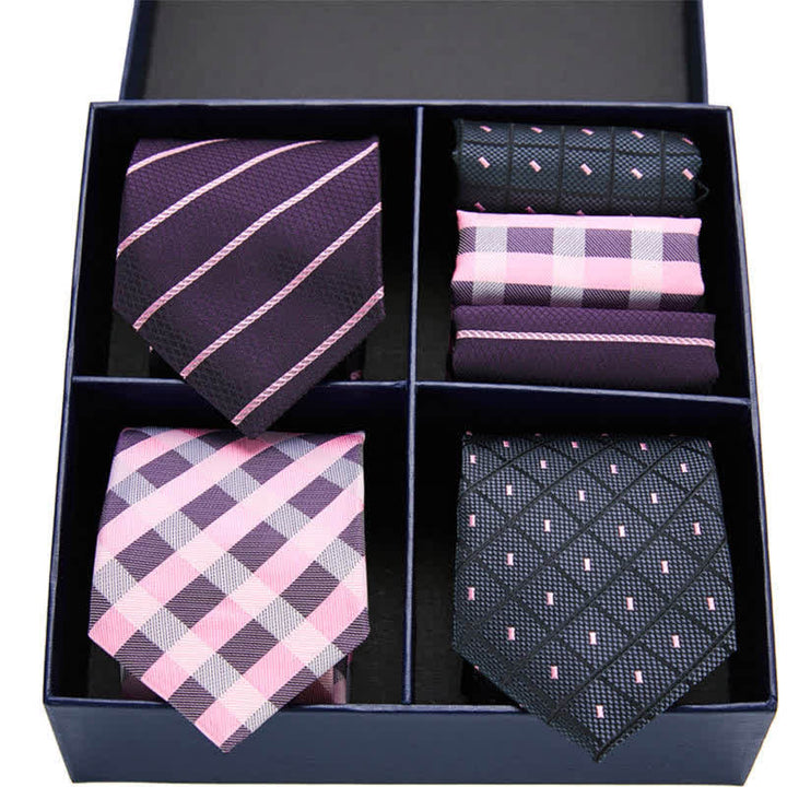 6Pcs Men's Pink & Black Dotty Striped Necktie Pocket Square Set Gift Box