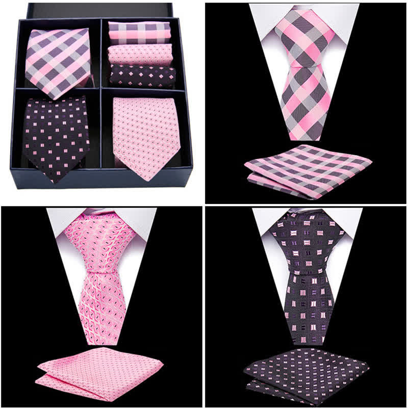 6Pcs Men's Pink & Black Dotty Striped Necktie Pocket Square Set Gift Box