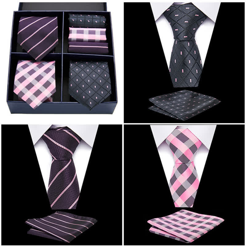6Pcs Men's Pink & Black Dotty Striped Necktie Pocket Square Set Gift Box